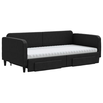 Slaapbank Met Onderschuifbed En Lades Stof 100 x 200 cm Zwart met onderschuifbed en lade en matras