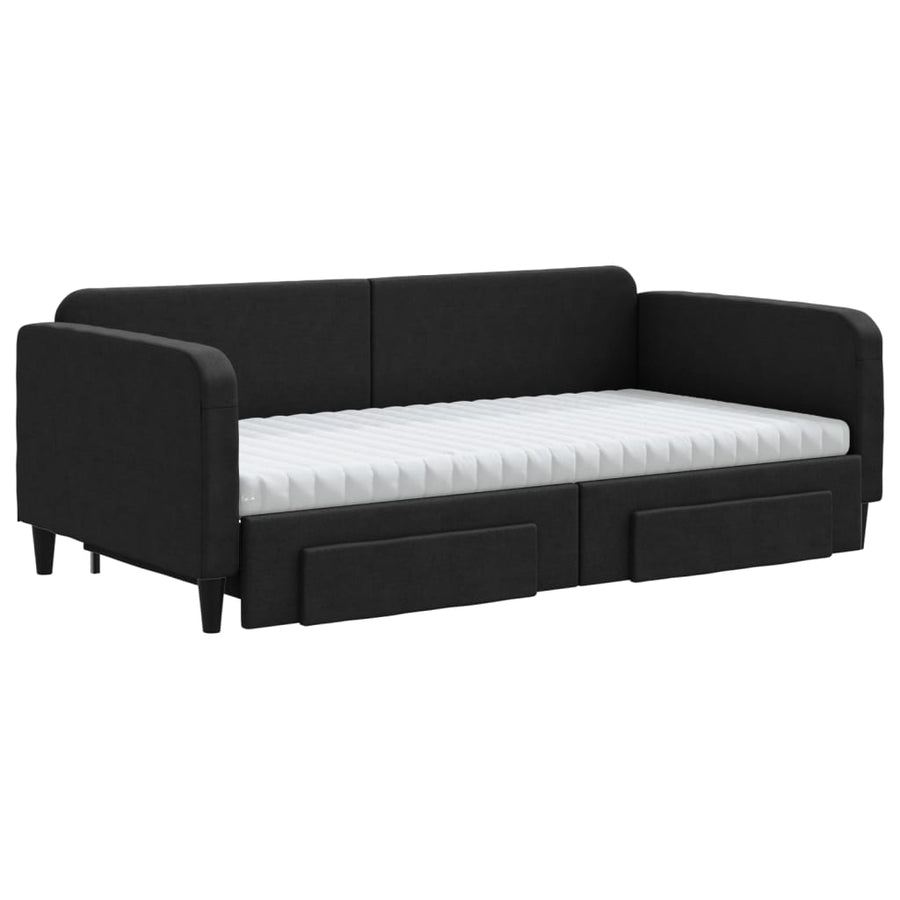 Slaapbank Met Onderschuifbed En Lades Stof 100 x 200 cm Zwart met onderschuifbed en lade en matras