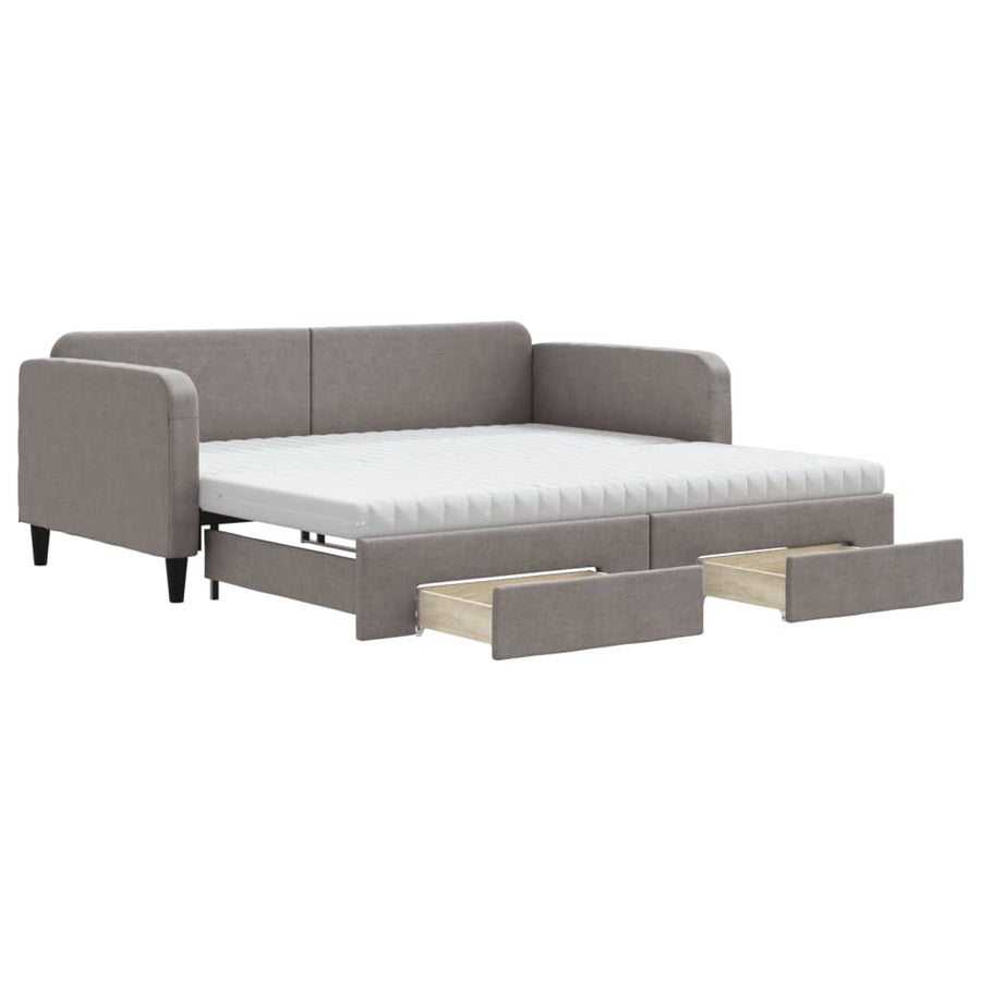 Slaapbank Met Onderschuifbed En Lades Stof 100 x 200 cm Taupe met onderschuifbed en lade en matras