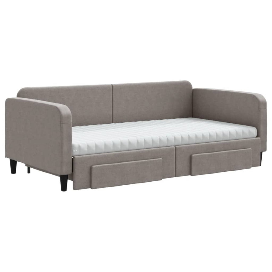 Slaapbank Met Onderschuifbed En Lades Stof 100 x 200 cm Taupe met onderschuifbed en lade en matras