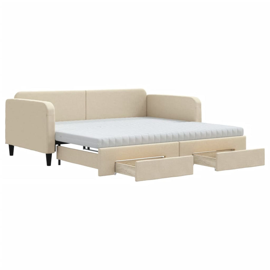 Slaapbank Met Onderschuifbed En Lades Stof 100 x 200 cm Crème met onderschuifbed en lade en matras