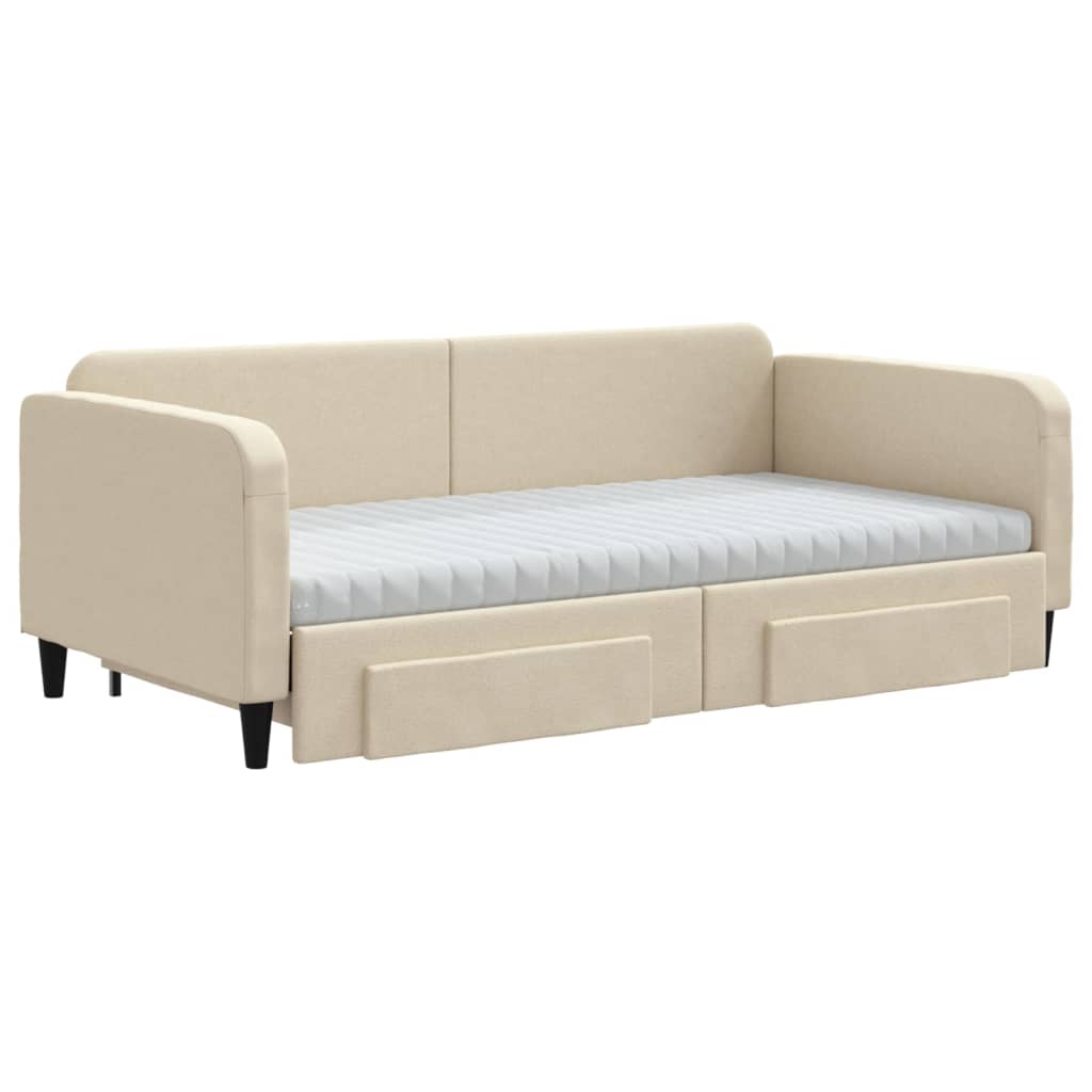 Slaapbank Met Onderschuifbed En Lades Stof 100 x 200 cm Crème met onderschuifbed en lade en matras
