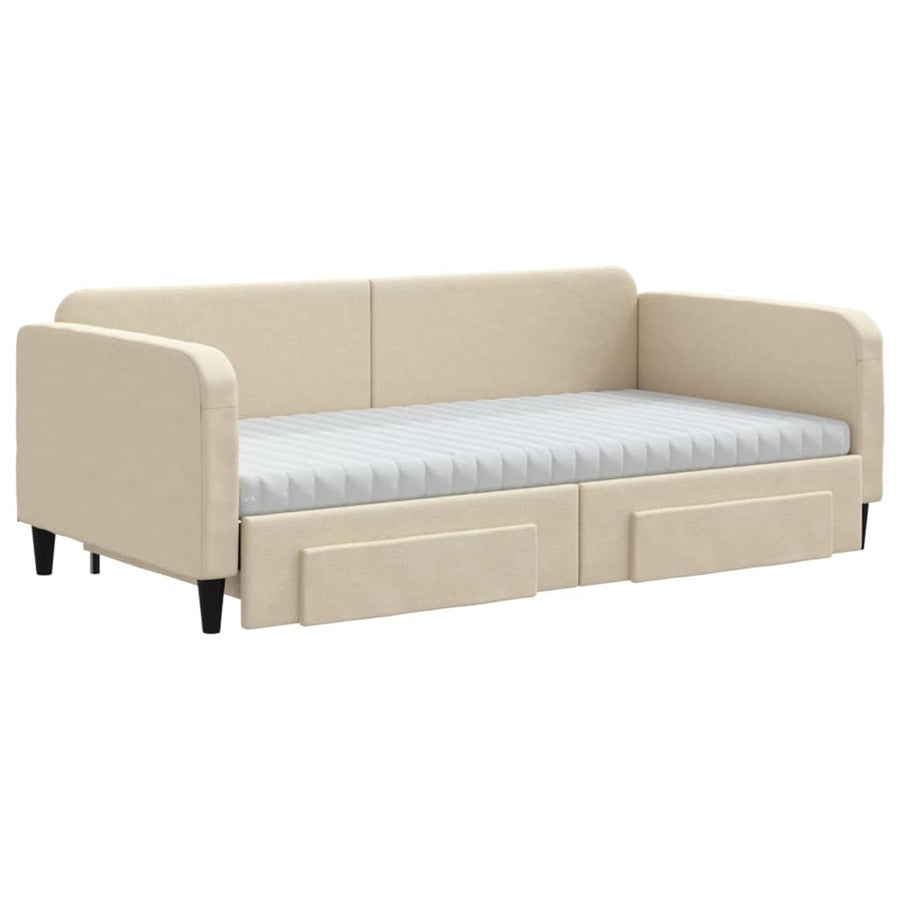 Slaapbank Met Onderschuifbed En Lades Stof 100 x 200 cm Crème met onderschuifbed en lade en matras