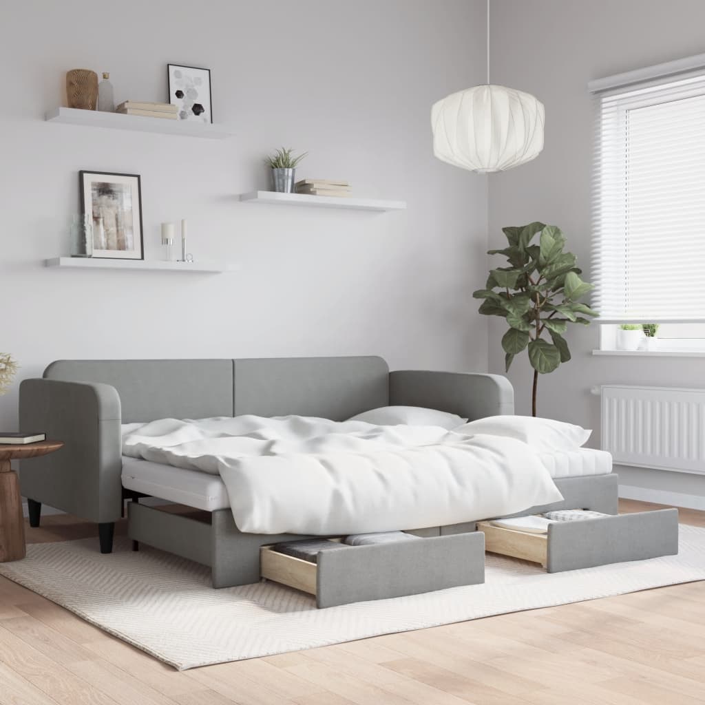 Slaapbank met onderschuifbed en lades 90x190 cm stof lichtgrijs