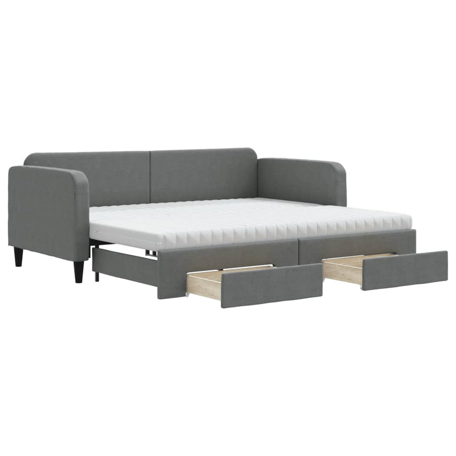 Slaapbank Onderschuifbed En Lades Stof 90 x 190 cm Donkergrijs met onderschuifbed en lade en matras