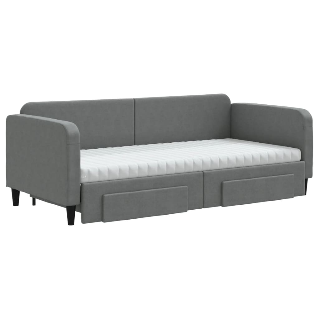 Slaapbank Onderschuifbed En Lades Stof 90 x 190 cm Donkergrijs met onderschuifbed en lade en matras