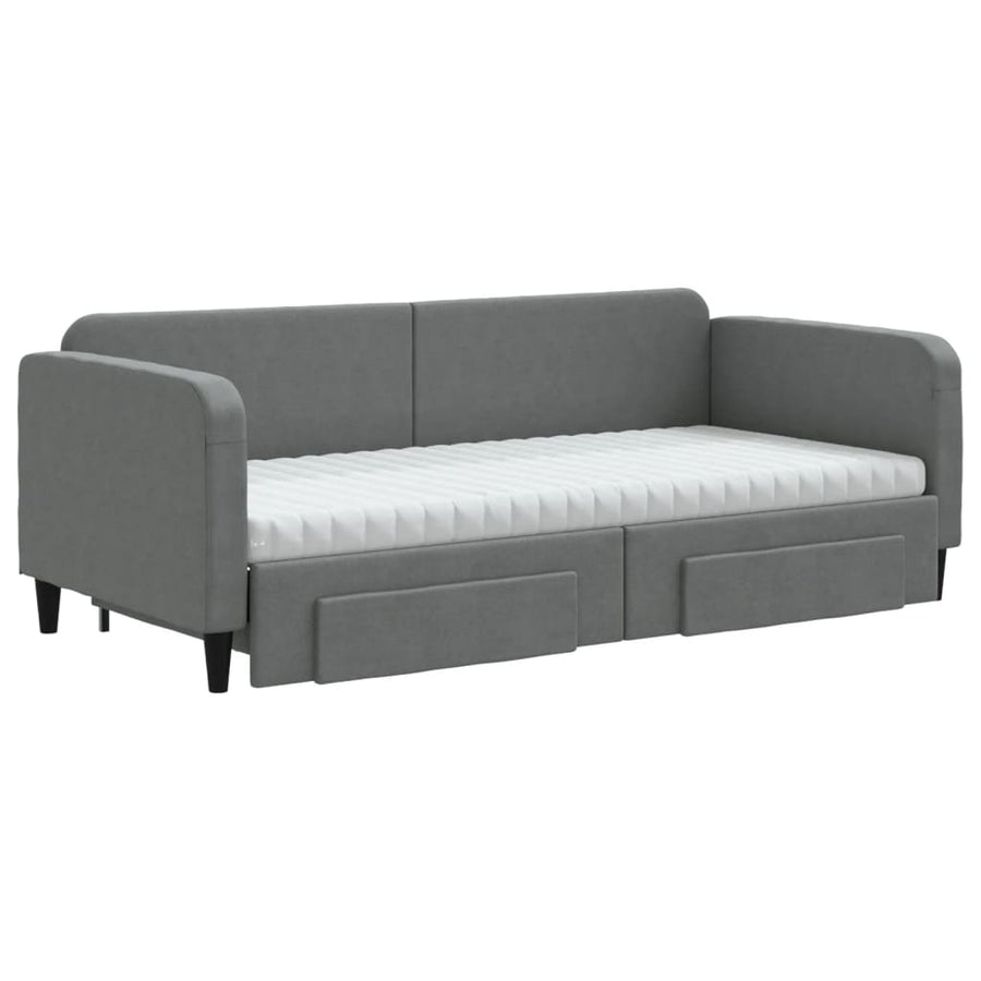 Slaapbank Onderschuifbed En Lades Stof 90 x 190 cm Donkergrijs met onderschuifbed en lade en matras