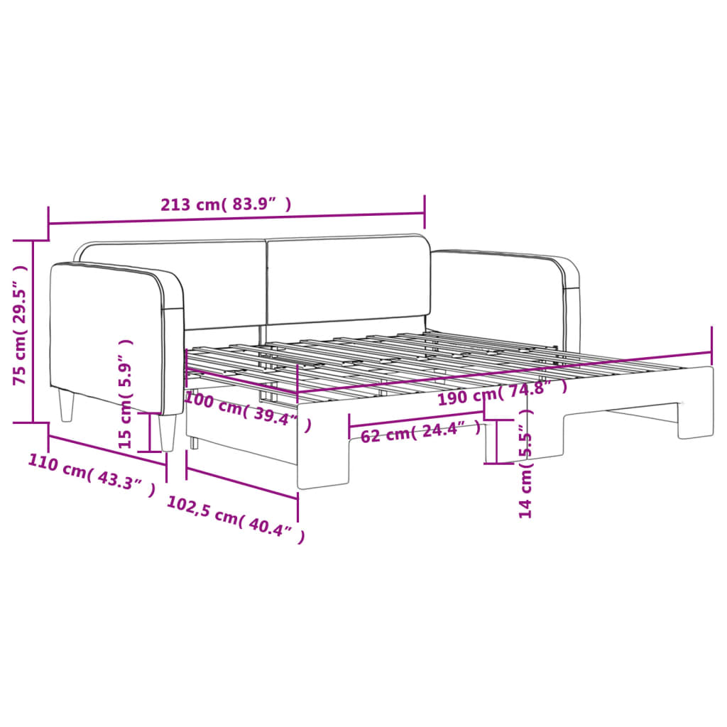 Slaapbank met onderschuifbed 100x190 cm stof lichtgrijs