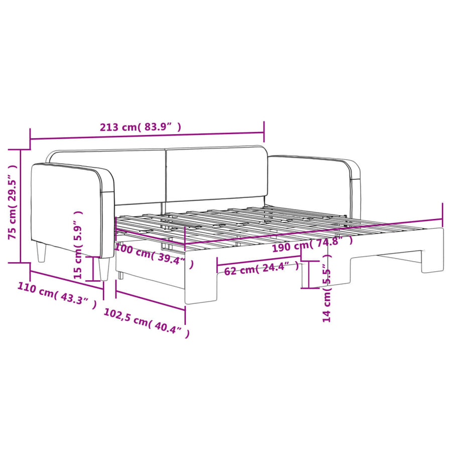Slaapbank met onderschuifbed 100x190 cm stof lichtgrijs