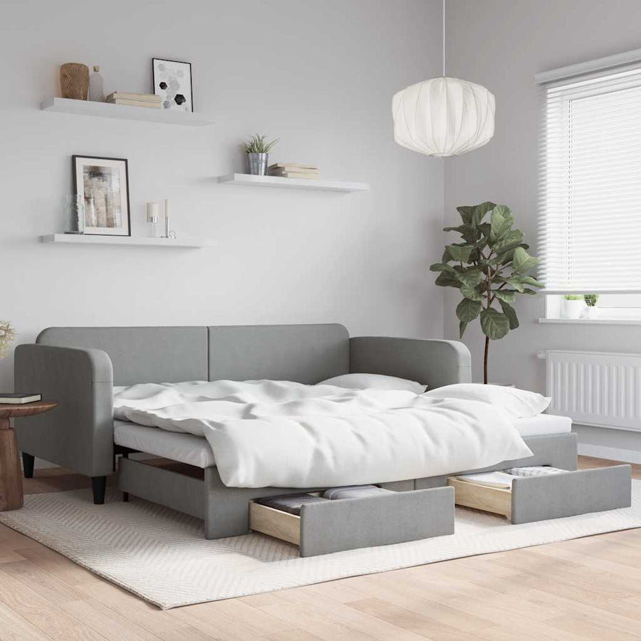 Slaapbank met onderschuifbed lades 100x190 cm stof lichtgrijs