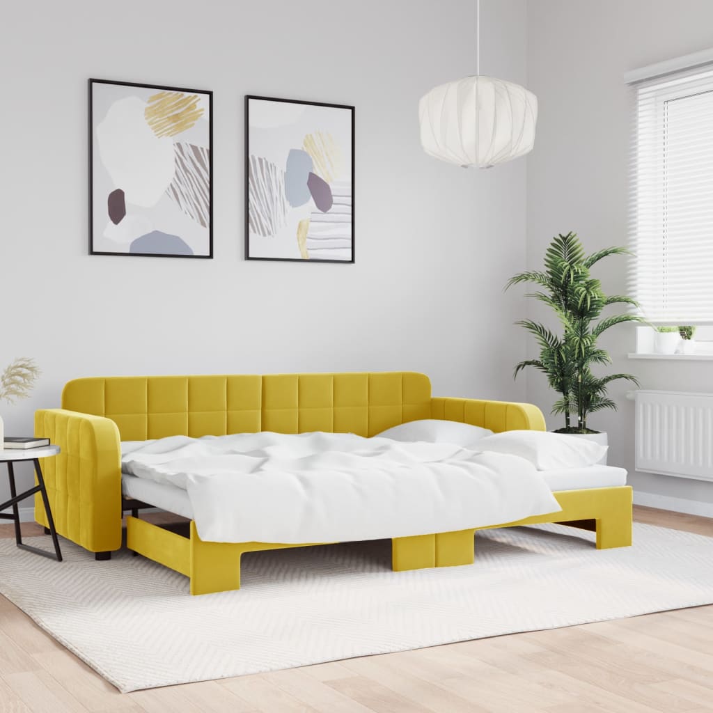 Slaapbank met onderschuifbed 80x200 cm fluweel geel