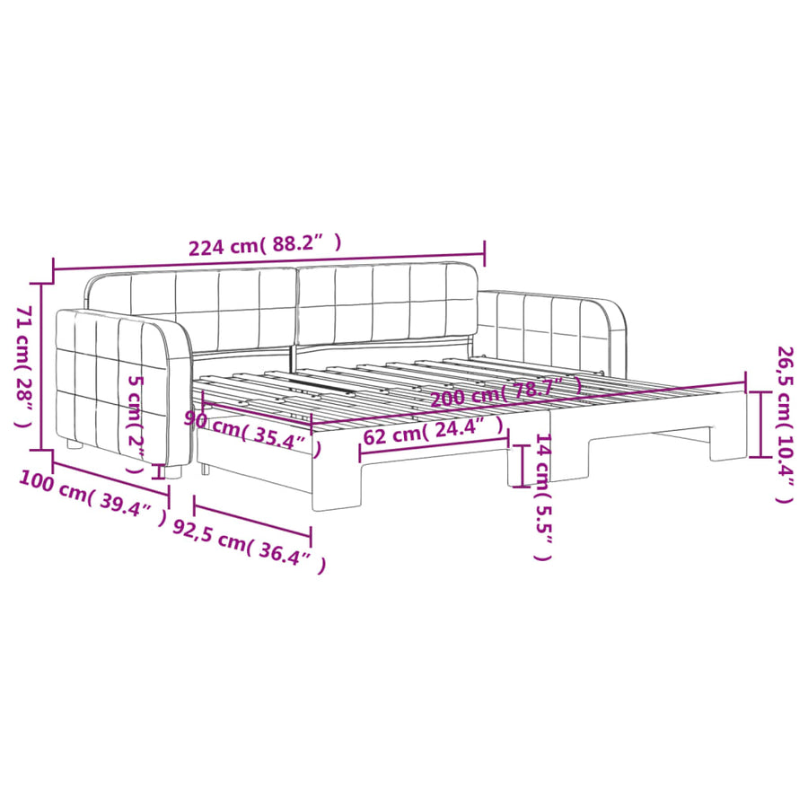 Slaapbank met onderschuifbed 90x200 cm fluweel donkergrijs