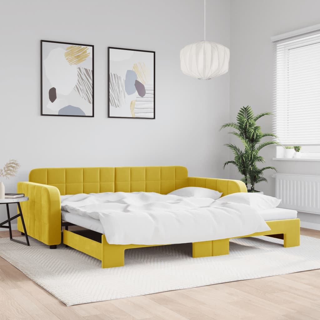 Slaapbank met onderschuifbed 100x200 cm fluweel geel 100 x 200 cm Geel met onderschuifbed