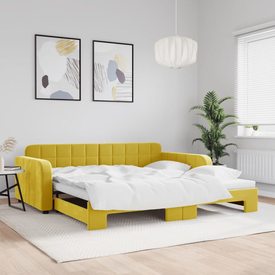 Slaapbank met onderschuifbed 100x200 cm fluweel geel