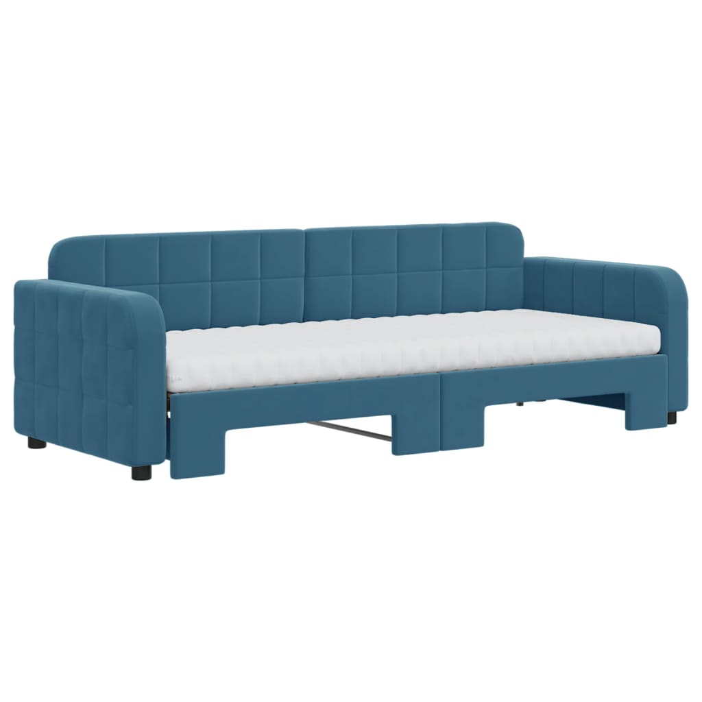 Slaapbank onderschuifbed en matrassen 80x200 cm fluweel blauw