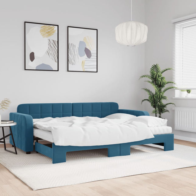 Slaapbank onderschuifbed en matrassen 80x200 cm fluweel blauw