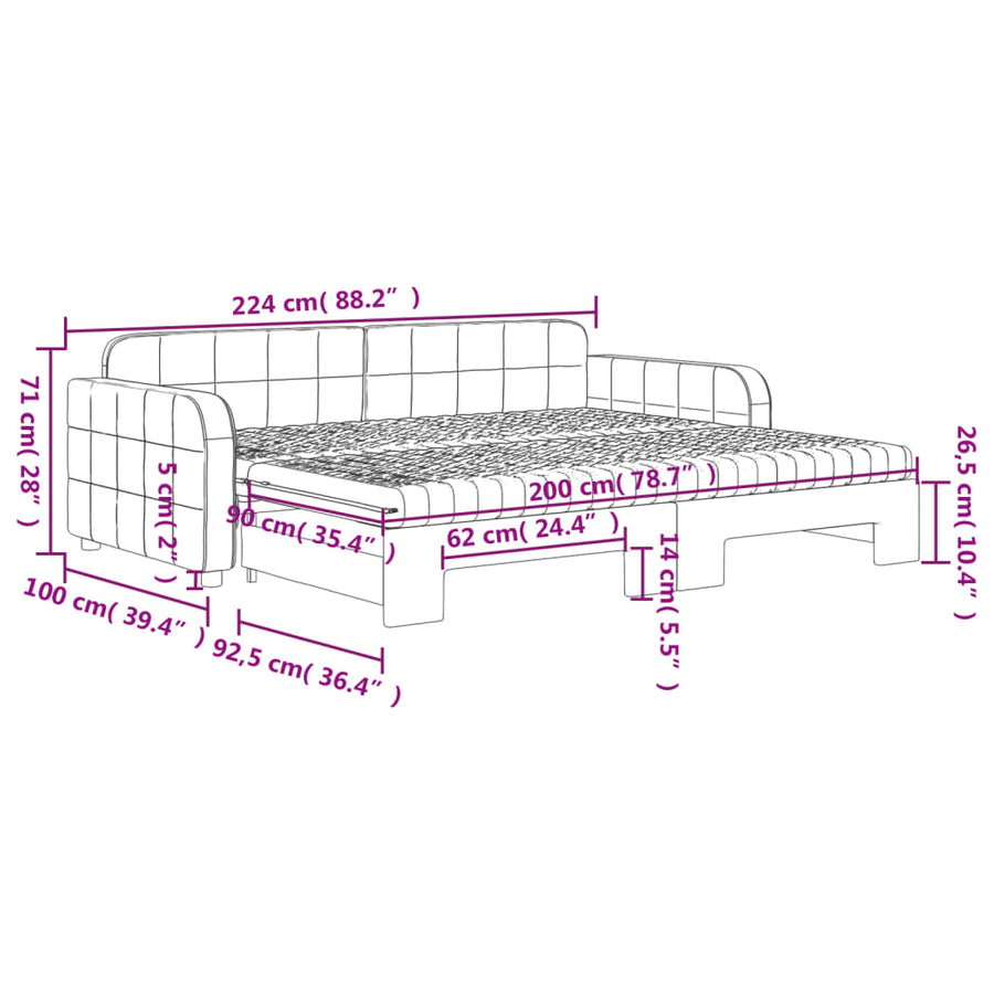 Slaapbank onderschuifbed matrassen 90x200cm fluweel donkergrijs
