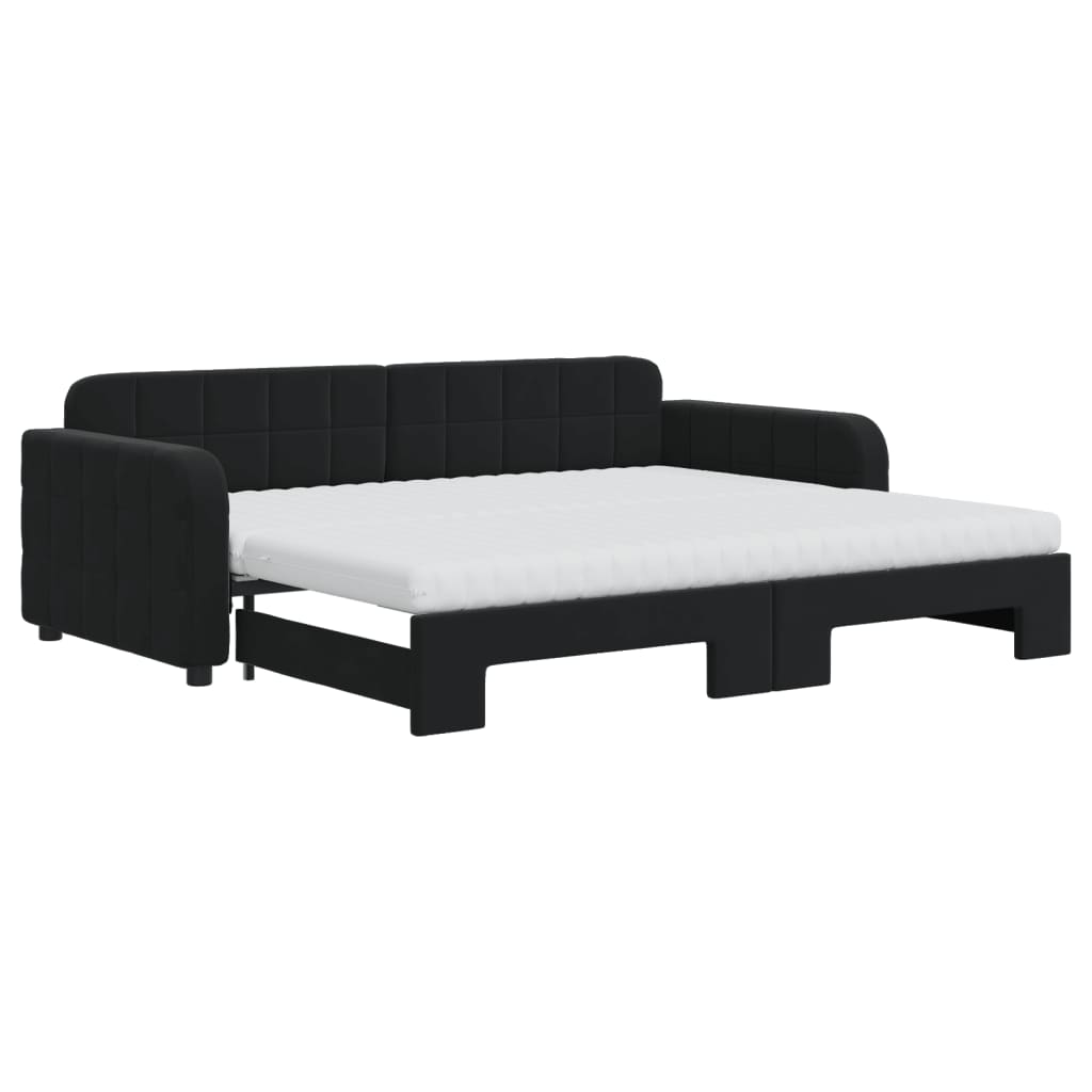 Slaapbank onderschuifbed en matrassen 90x200 cm fluweel zwart 90 x 200 cm Zwart