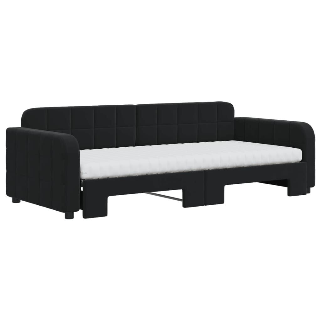 Slaapbank onderschuifbed en matrassen 90x200 cm fluweel zwart 90 x 200 cm Zwart
