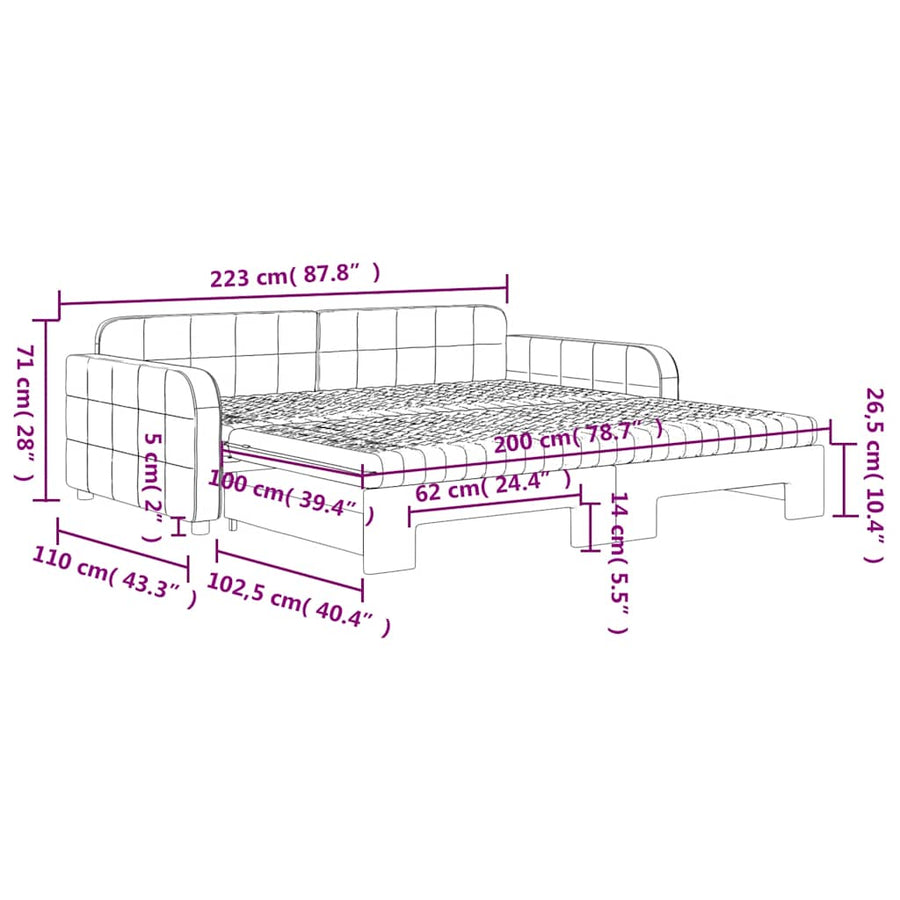 Slaapbank onderschuifbed matrassen 100x200cm fluweeldonkergrijs