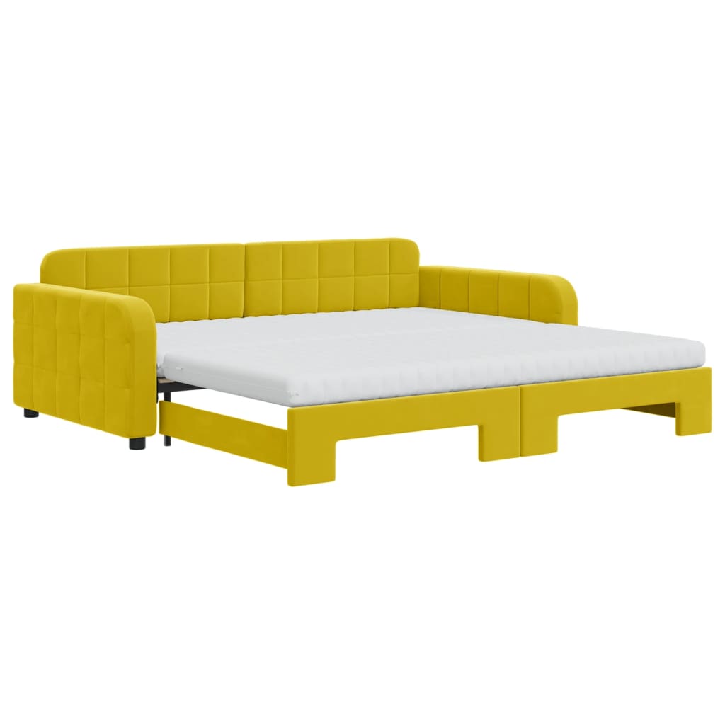 Slaapbank onderschuifbed en matrassen 100x200 cm fluweel geel 100 x 200 cm Geel met onderschuifbed en matras
