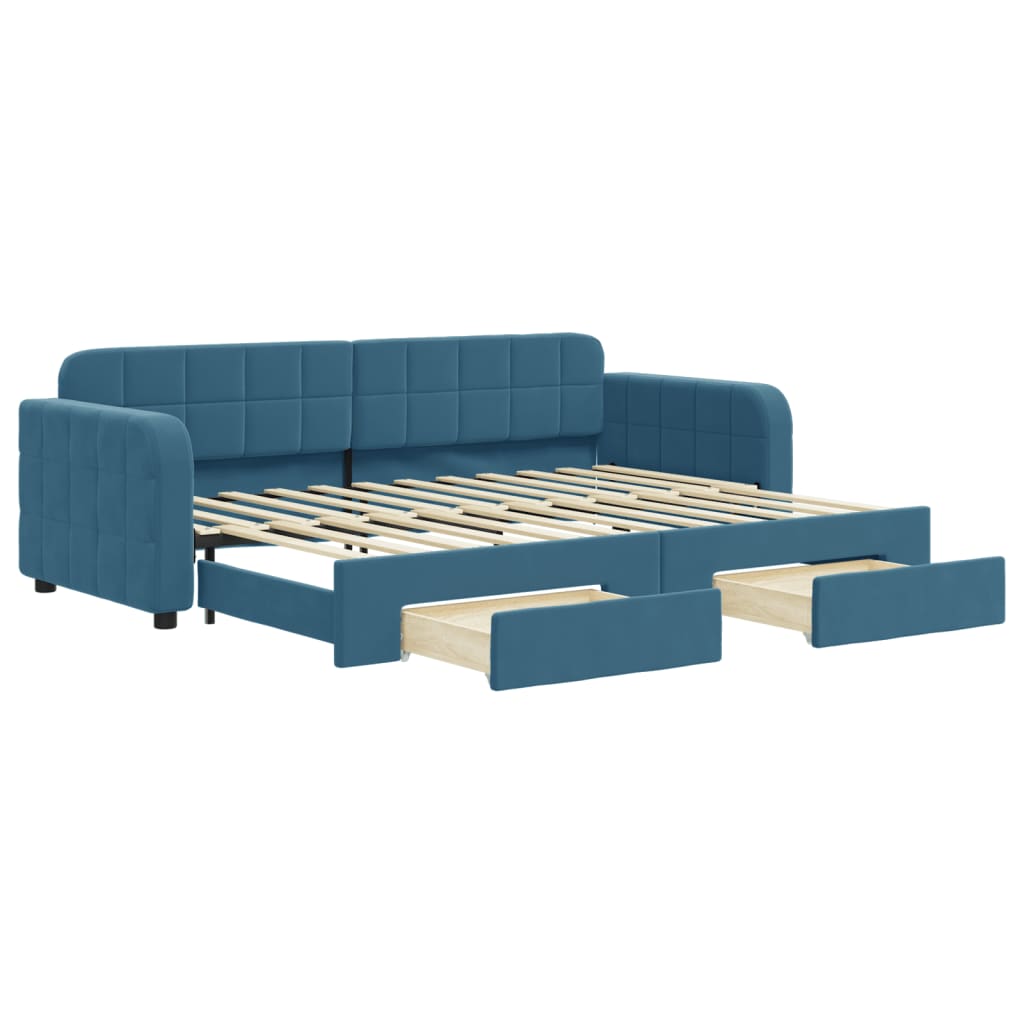 Slaapbank met onderschuifbed en lades 80x200 cm fluweel blauw