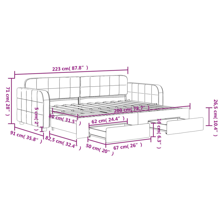 Slaapbank onderschuifbed en lades 80x200 cm fluweel donkergrijs