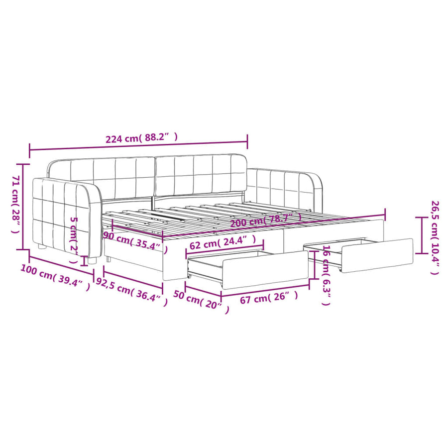 Slaapbank met onderschuifbed en lades 90x200 cm fluweel zwart 90 x 200 cm Zwart