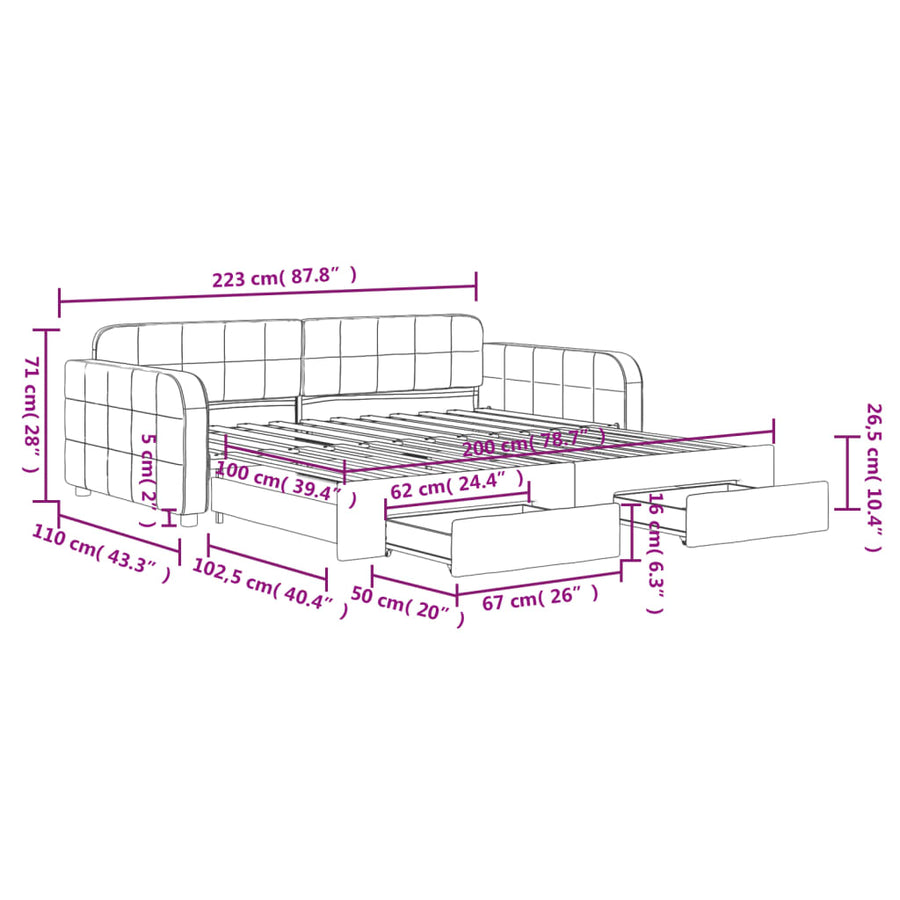 Slaapbank met onderschuifbed en lades 100x200 cm fluweel geel