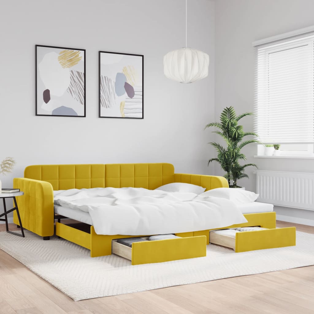 Slaapbank met onderschuifbed en lades 100x200 cm fluweel geel 100 x 200 cm Geel