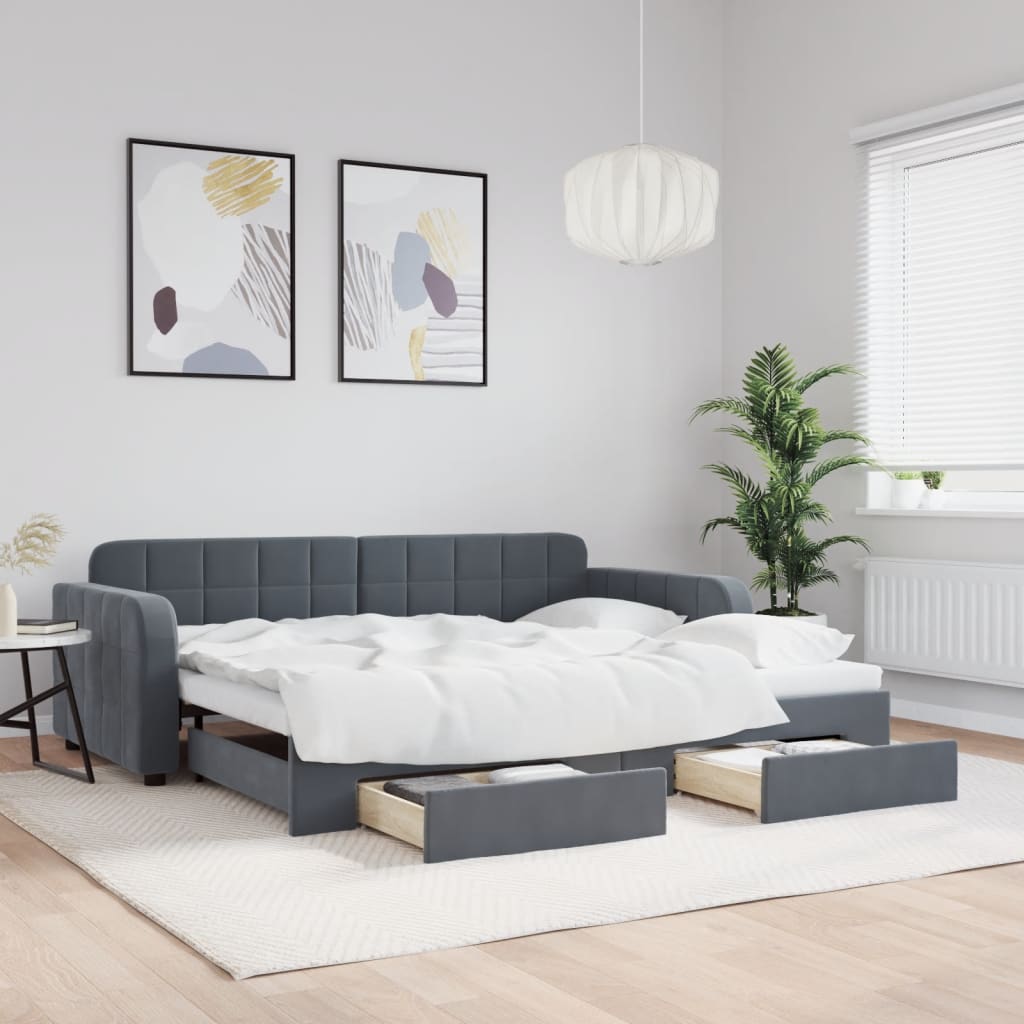 Slaapbank Onderschuifbed En Lades Fluweel 90 x 190 cm Donkergrijs