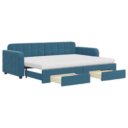 Slaapbank met onderschuifbed en lades 80x200 cm fluweel blauw