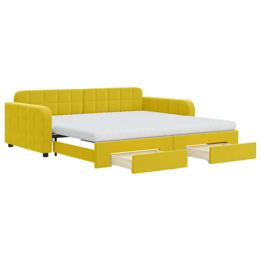 Slaapbank met onderschuifbed en lades 100x200 cm fluweel geel 100 x 200 cm Geel met onderschuifbed en lade en matras