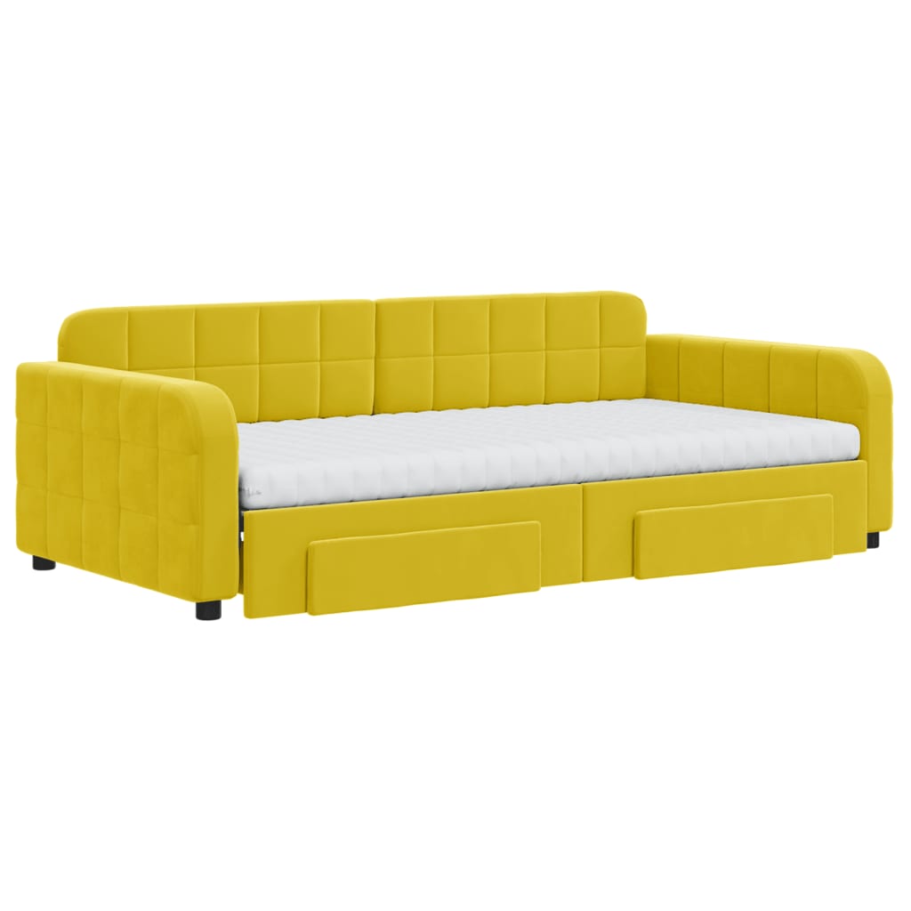 Slaapbank met onderschuifbed en lades 100x200 cm fluweel geel 100 x 200 cm Geel met onderschuifbed en lade en matras