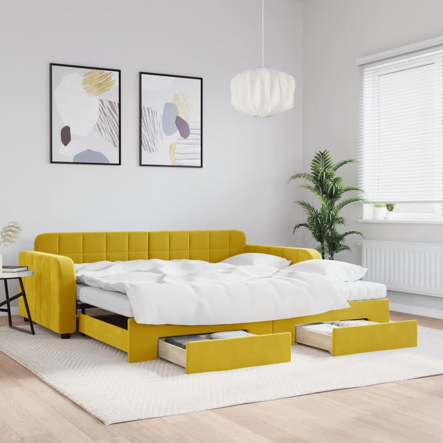 Slaapbank met onderschuifbed en lades 100x200 cm fluweel geel 100 x 200 cm Geel met onderschuifbed en lade en matras