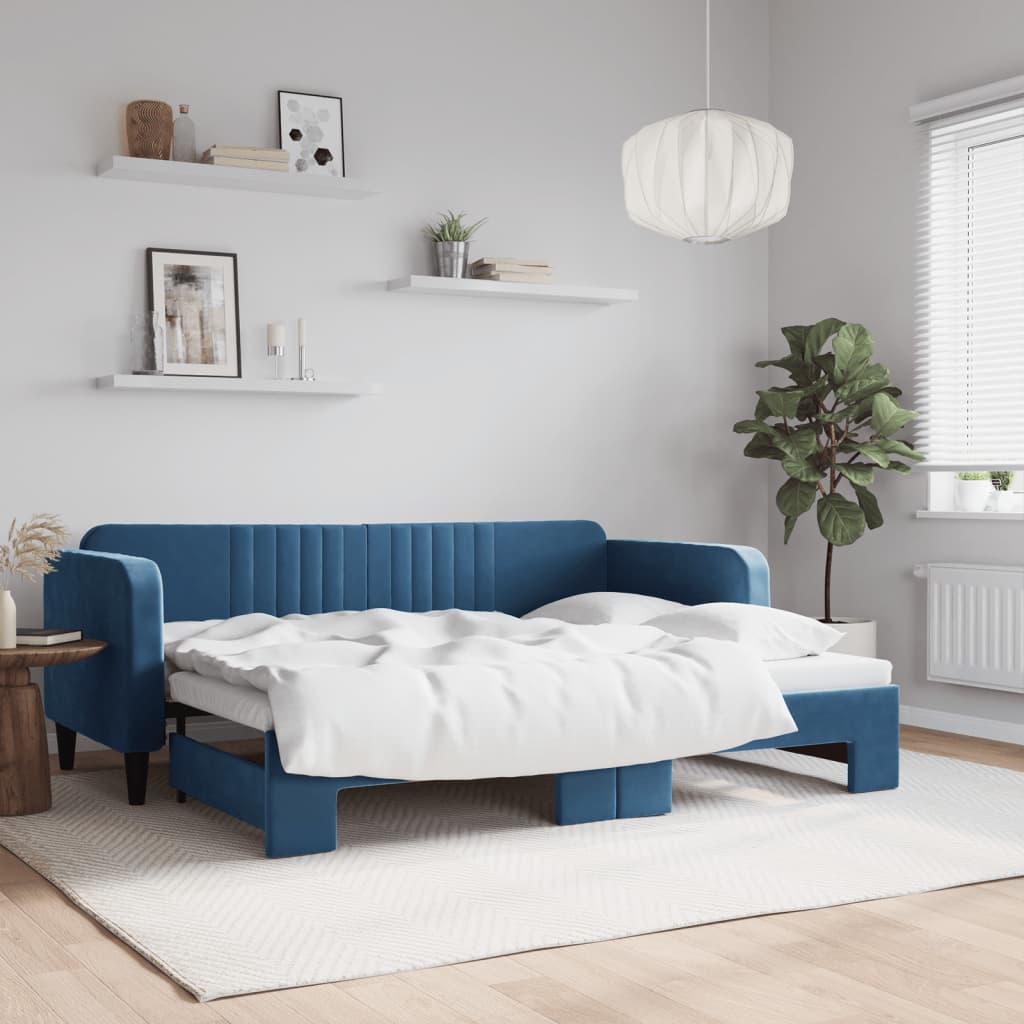 Slaapbank met onderschuifbed 80x200 cm fluweel blauw