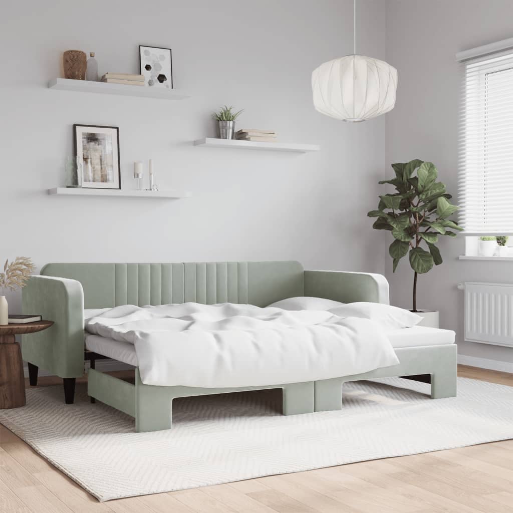 Slaapbank met onderschuifbed 90x200 cm fluweel lichtgrijs