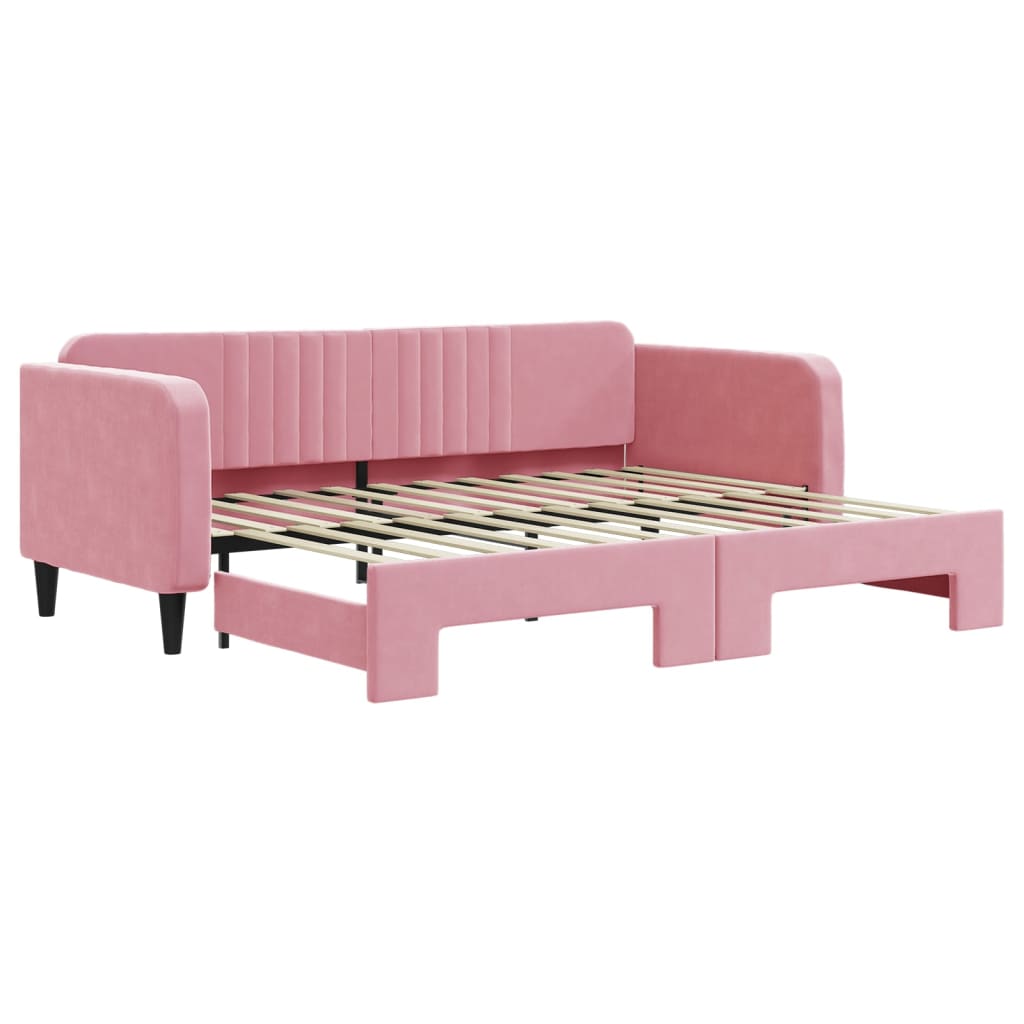 Slaapbank met onderschuifbed 90x200 cm fluweel roze