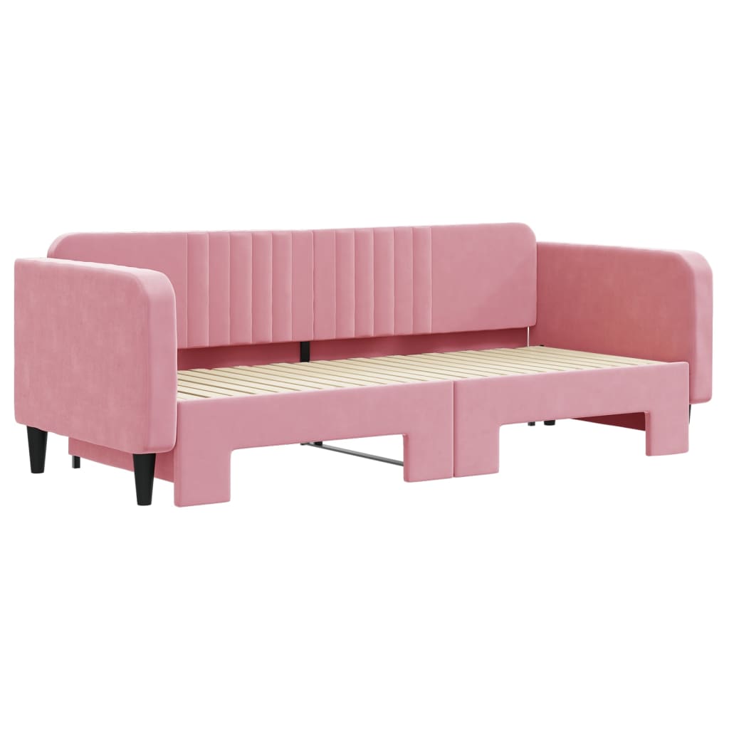 Slaapbank met onderschuifbed 90x200 cm fluweel roze