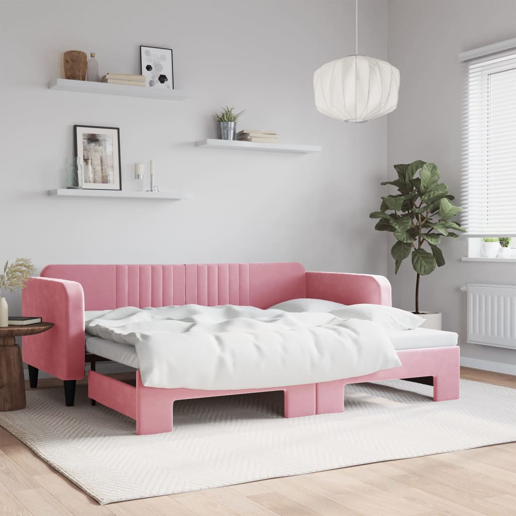 Slaapbank met onderschuifbed 90x200 cm fluweel roze