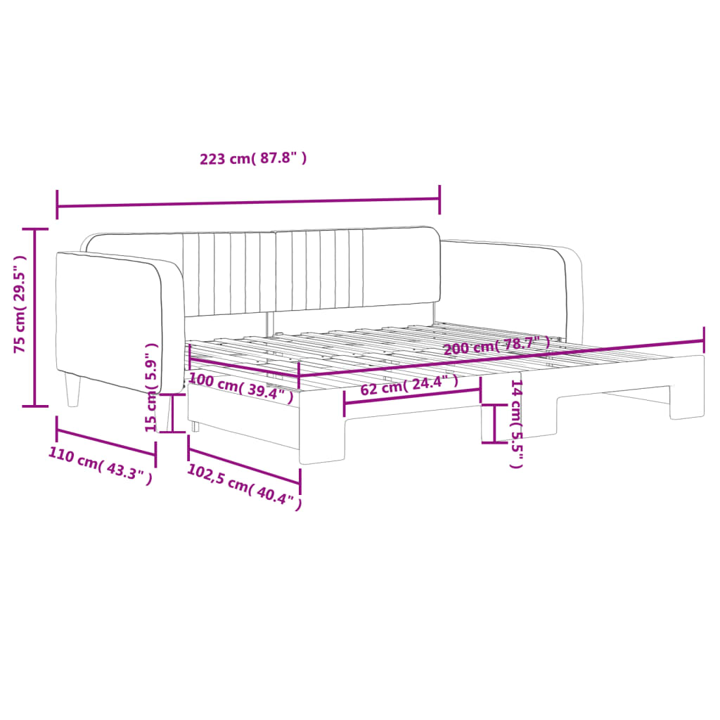 Slaapbank met onderschuifbed 100x200 cm fluweel roze
