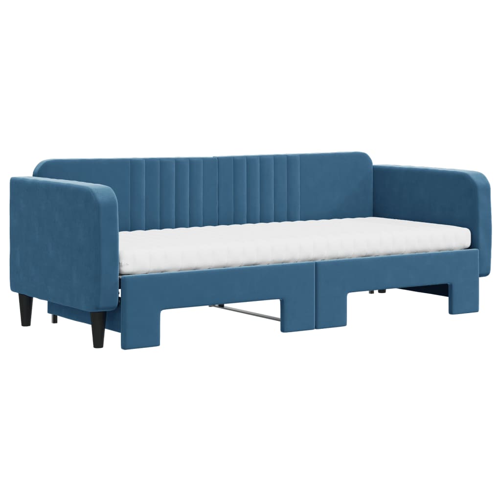 Slaapbank onderschuifbed en matrassen 80x200 cm fluweel blauw