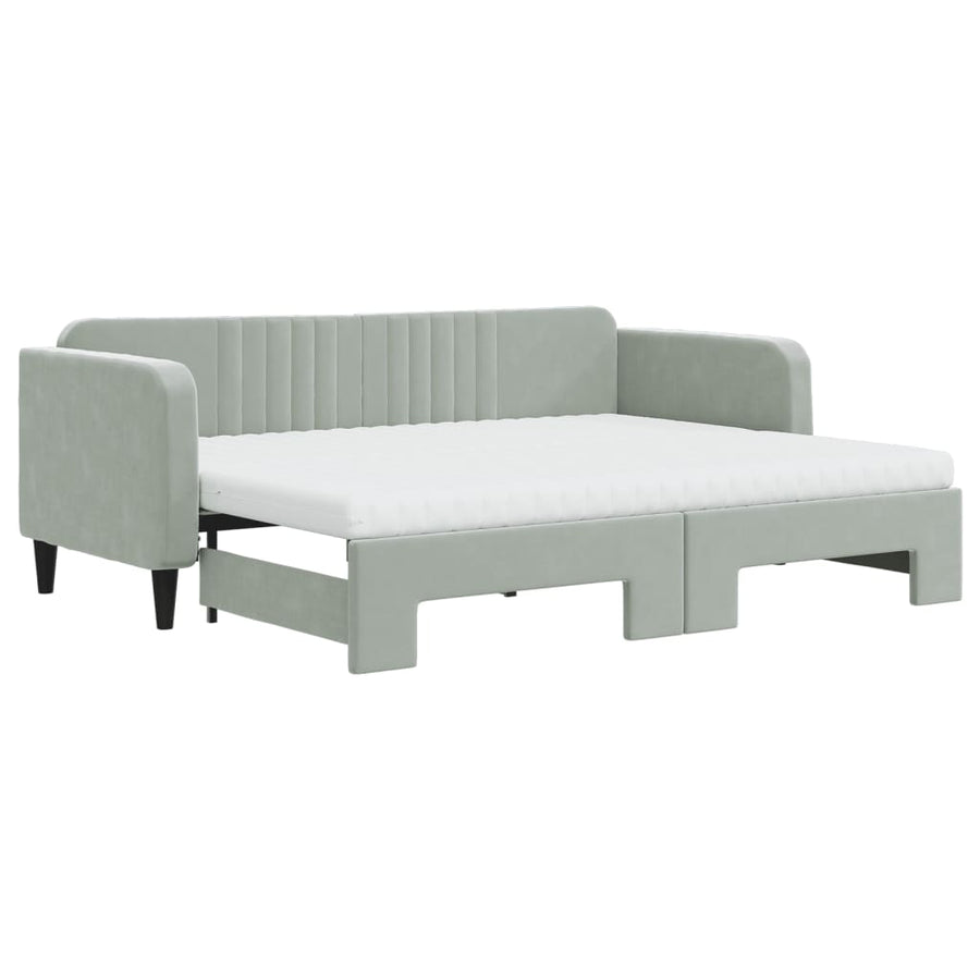 Slaapbank Onderschuifbed Matrassen Fluweel Lichtgrijs 80 x 200 cm met onderschuifbed en matras