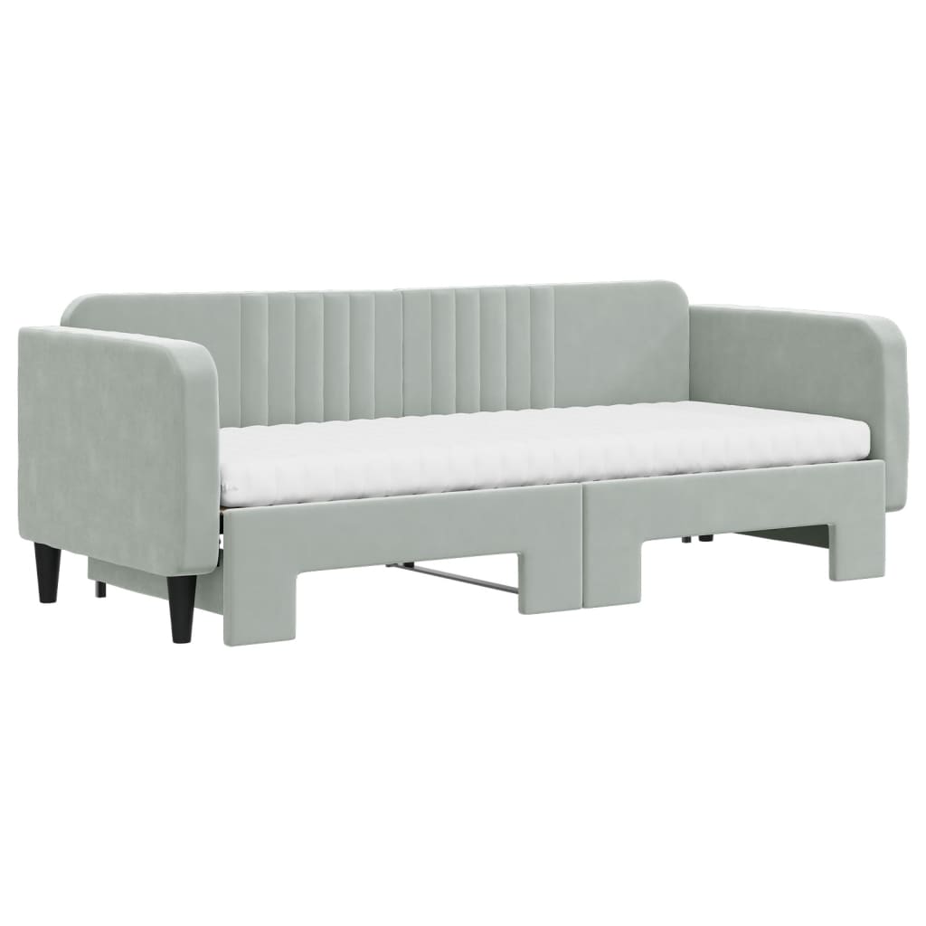 Slaapbank Onderschuifbed Matrassen Fluweel Lichtgrijs 80 x 200 cm met onderschuifbed en matras