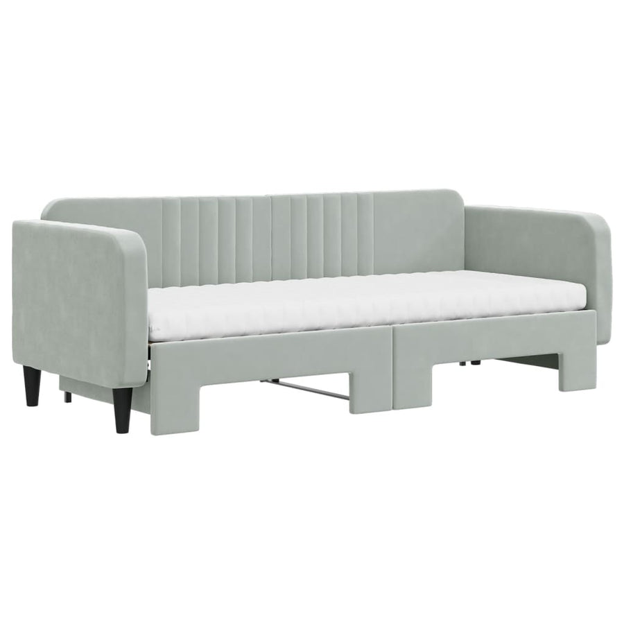 Slaapbank Onderschuifbed Matrassen Fluweel Lichtgrijs 80 x 200 cm met onderschuifbed en matras