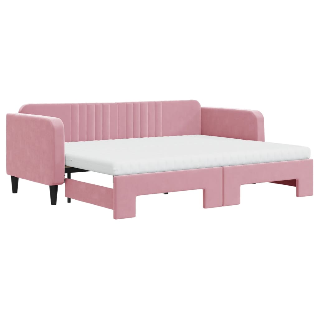 Slaapbank onderschuifbed en matrassen 80x200 cm fluweel roze