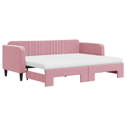 Slaapbank onderschuifbed en matrassen 80x200 cm fluweel roze