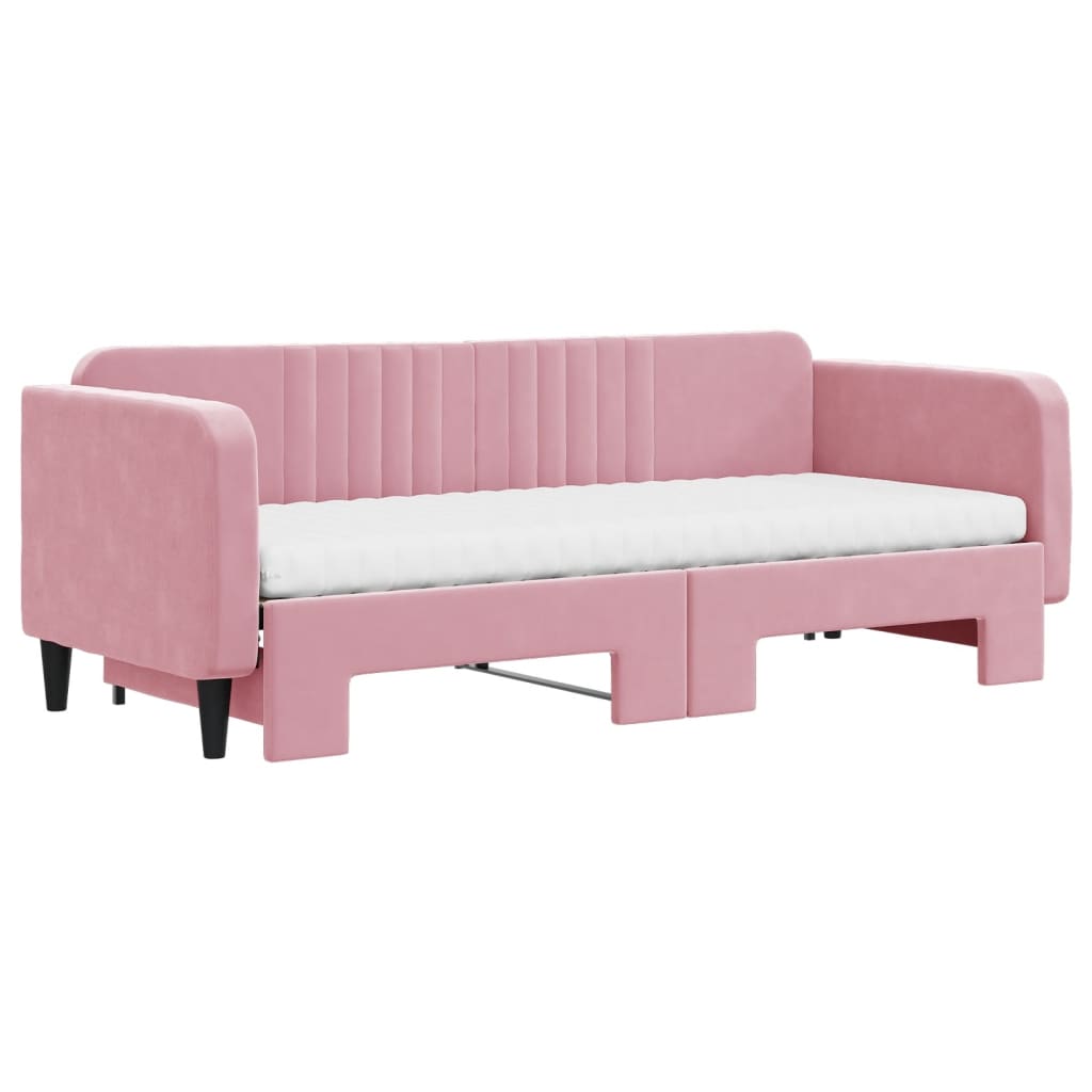 Slaapbank onderschuifbed en matrassen 80x200 cm fluweel roze