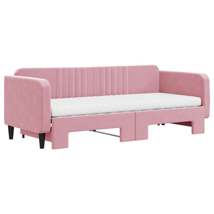 Slaapbank onderschuifbed en matrassen 80x200 cm fluweel roze