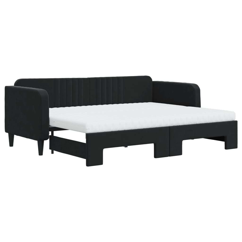 Slaapbank Onderschuifbed En Matrassen Fluweel 80 x 200 cm Zwart met onderschuifbed en matras